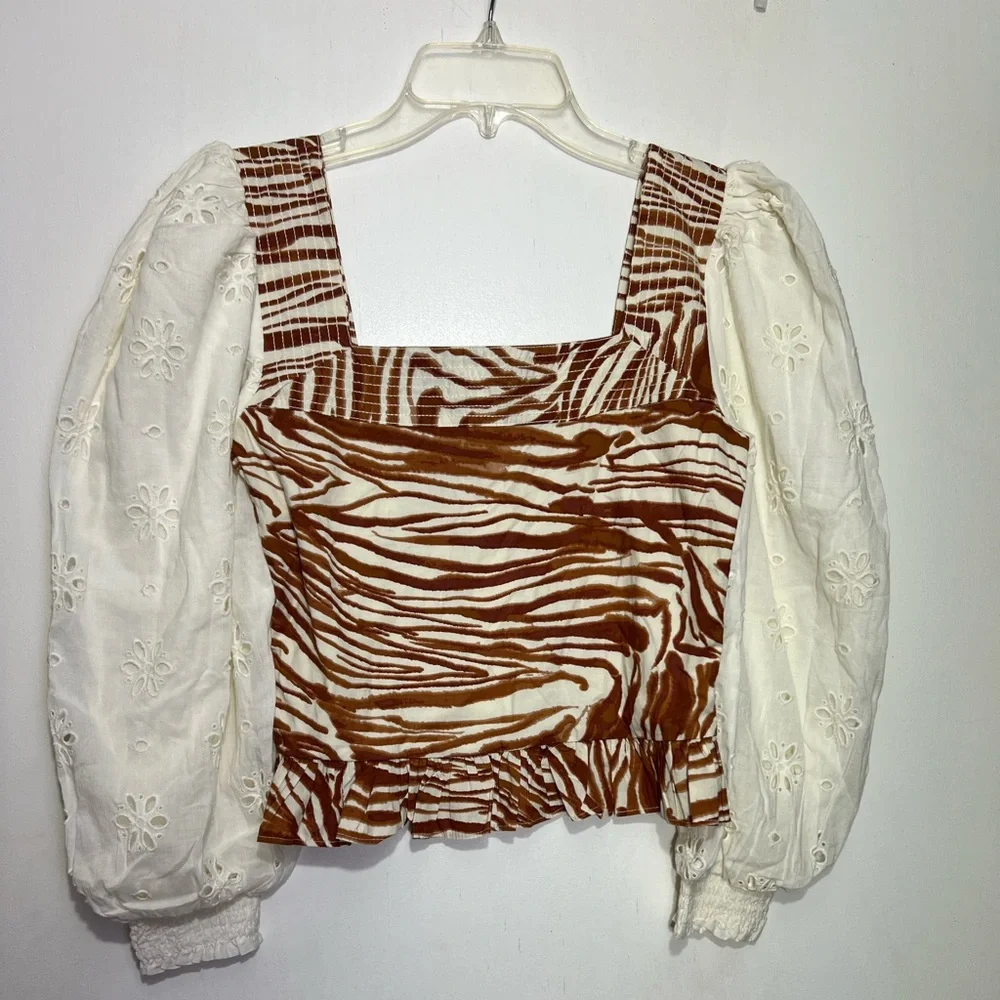 NWT Anthropologie Love The Label Smocked Eyelet Puff Sleeve Blouse Top Size XSP